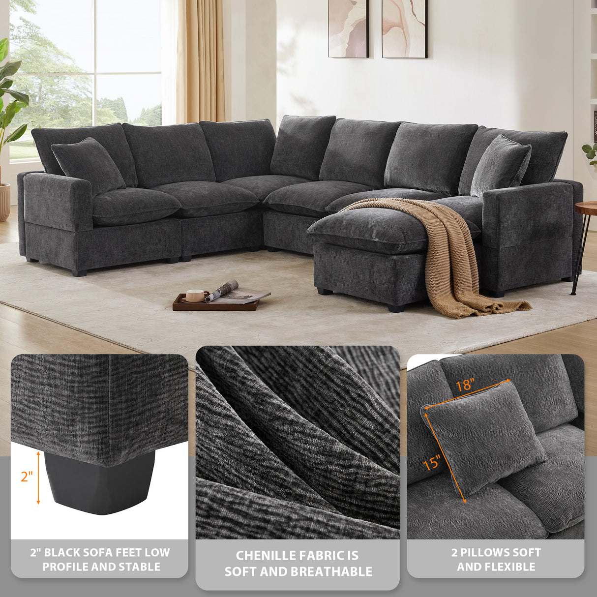 [VIDEO provided] [New] 110*84" Modern U Shape Modular Sofa, 7 Seat Chenille Sectional Couch Set with 2 Pillows Included, Freely Combinable Indoor Funiture for Living Room, Apartment, Office, 2 Colors