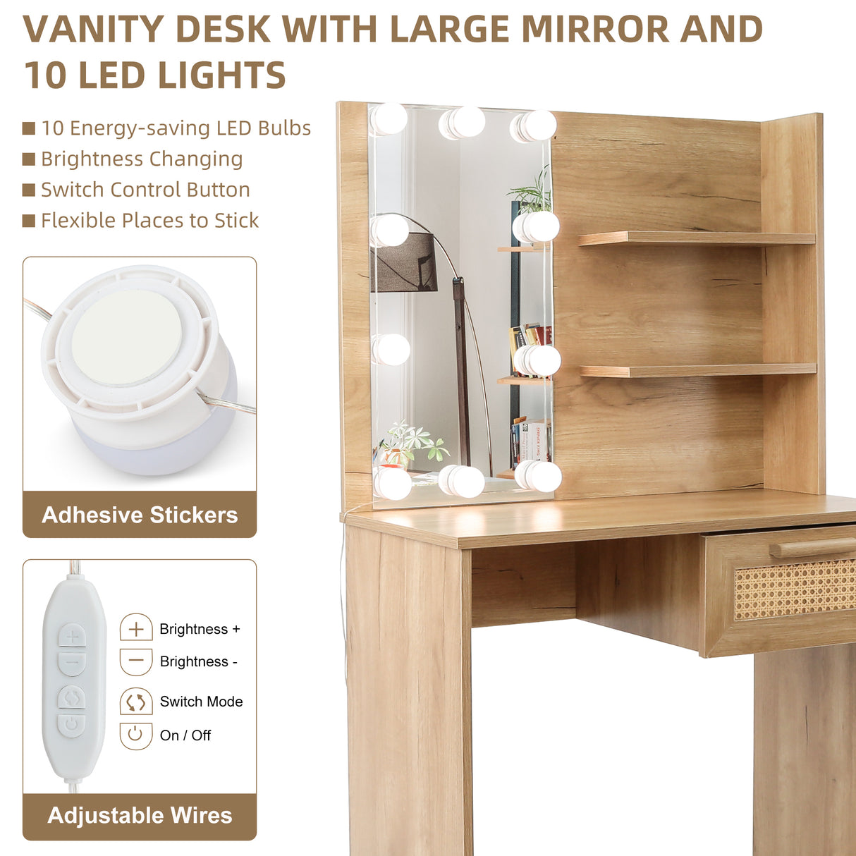 Vanity Desk Set Stool & Dressing Table with LED Lighting Mirror Drawer and Compartments Modern Wood Cosmetic Table Chest of Drawers Nature Color