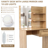 Vanity Desk Set Stool & Dressing Table with LED Lighting Mirror Drawer and Compartments Modern Wood Cosmetic Table Chest of Drawers Nature Color