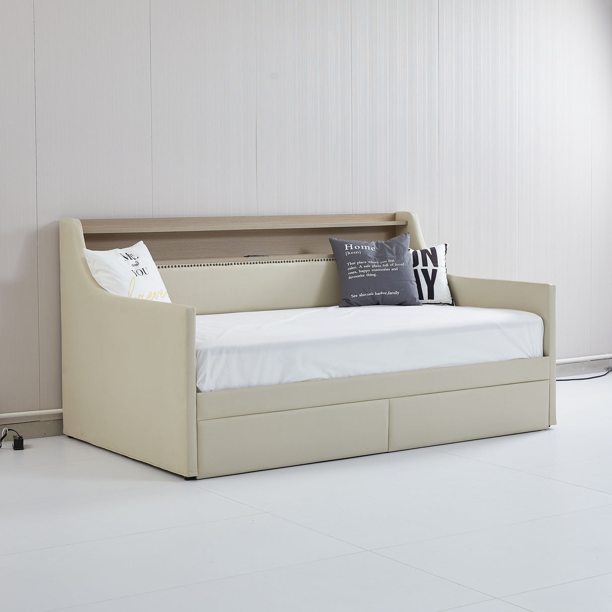 Twin Size Daybed with Storage Drawers, Upholstered Daybed with Charging Station and LED Lights, Beige (Expect arrive date: Jun.,20th.)