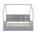 Wooden Full Size House Bed with Trundle,Kids Bed with Shelf, Gray