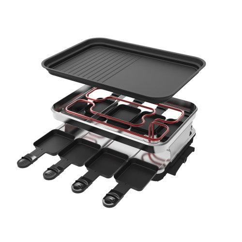 1500W Raclette Grill 8 People Grill Plate Non-stick Coated, Raclette With 8 Mini Raclette Pans, Infinitely Adjustable Temperature