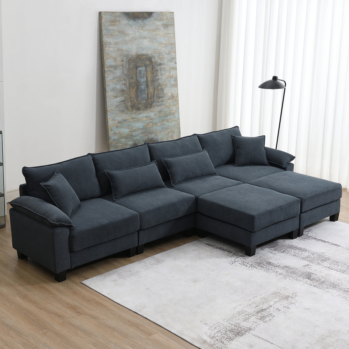 [New]Wide Seat Corduroy Modular Sectional Sofa Bed, Sleeper Couch Set with Armrest Pillow,6 Seat Free Combination Sofa with Ottomans, Oversized Indoor Furniture for Living Room, 2 Colors